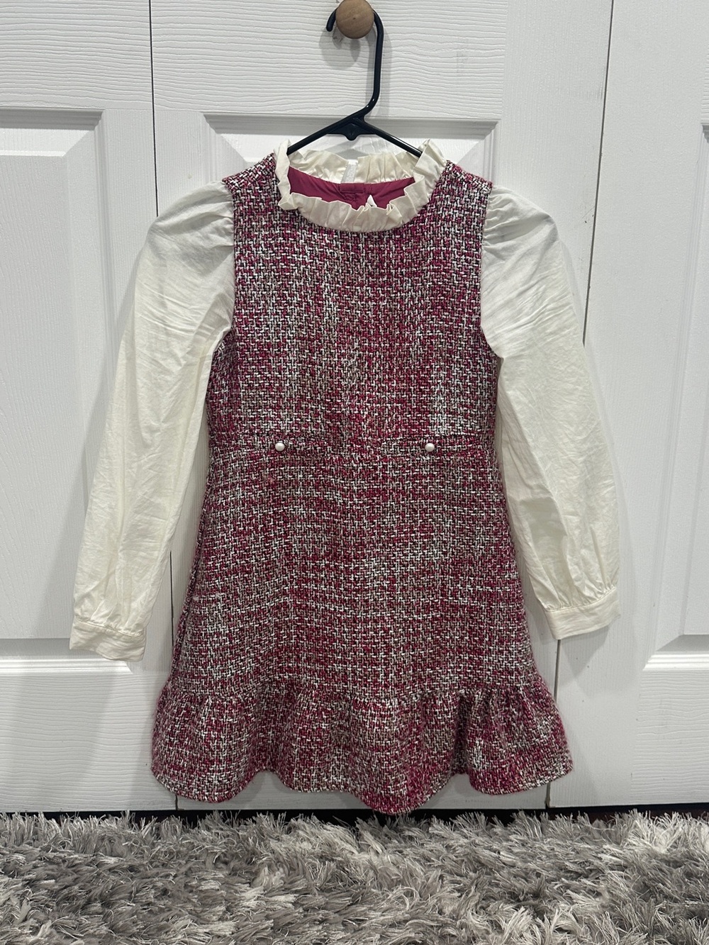 Janie and Jack Pink Tweed Pinafore with Cream Blouse
